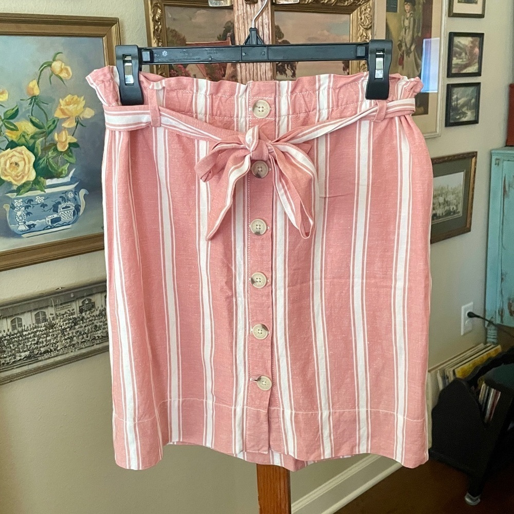 Loft linen blend striped belted button skirt lined elastic waist XS pink white - Picture 2 of 8